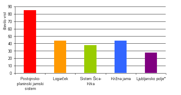 Število troglobiotskih vrst na izbranih s podzemeljsko favno najbogatejših mestih v Sloveniji (*Opomba: V intersticialni vodi Ljubljanskega polja ni kopenske podzemeljske favne)